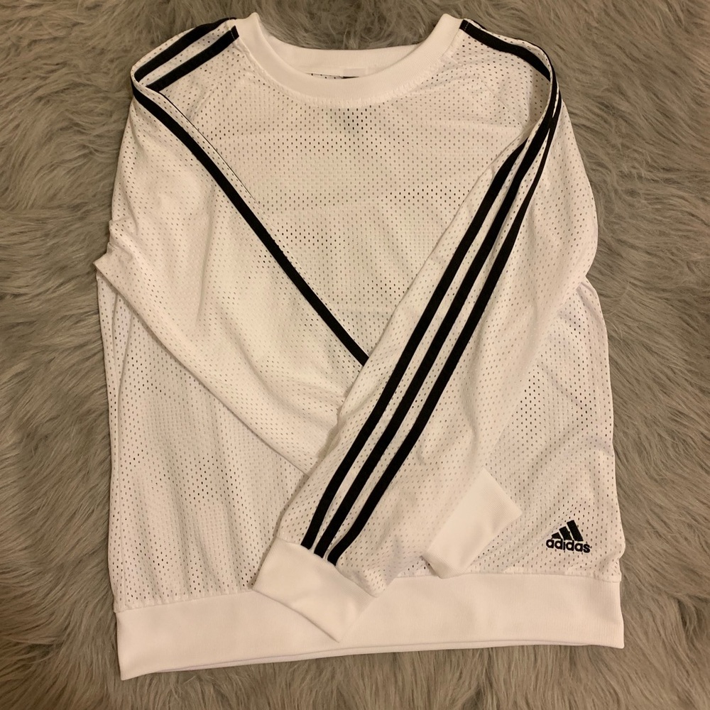 adidas White Mesh Long Sleeve Top with Black Stripes